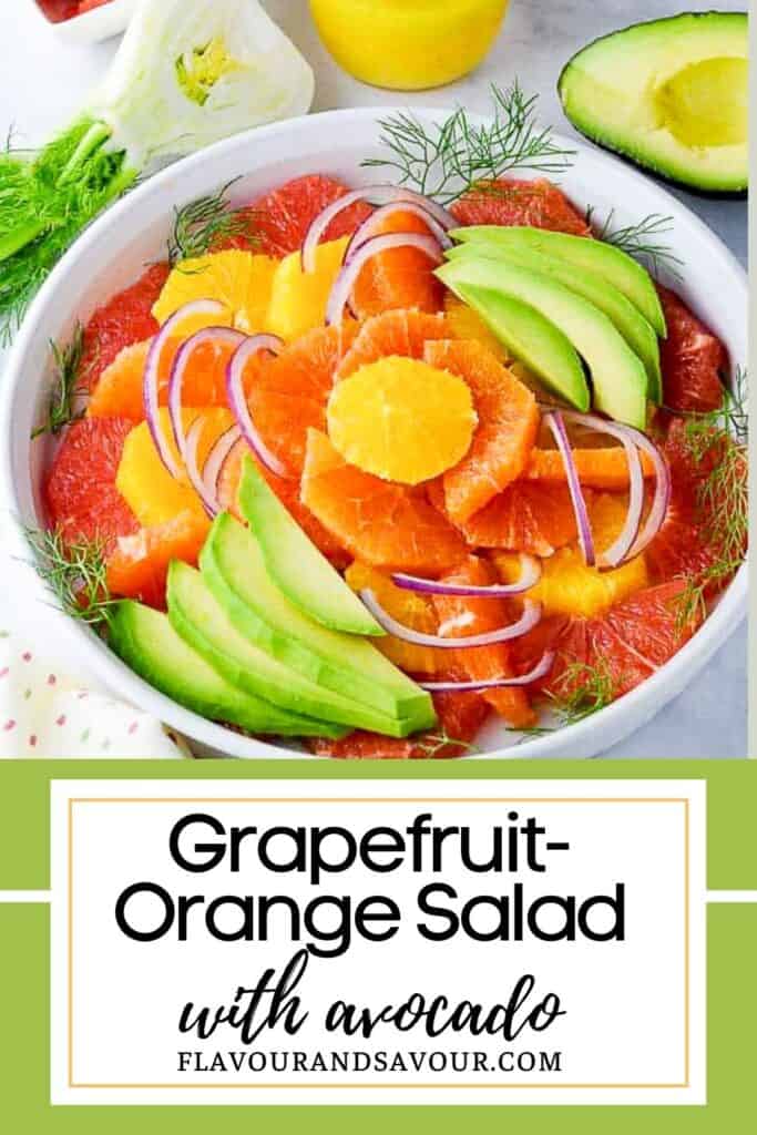 image of a bowl of grapefruit and orange slices with avocado with text overlay for Grapefruit Orange Salad with avocado