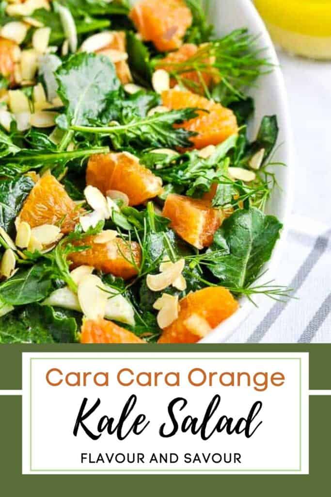 Image and text for kale and cara cara orange salad.