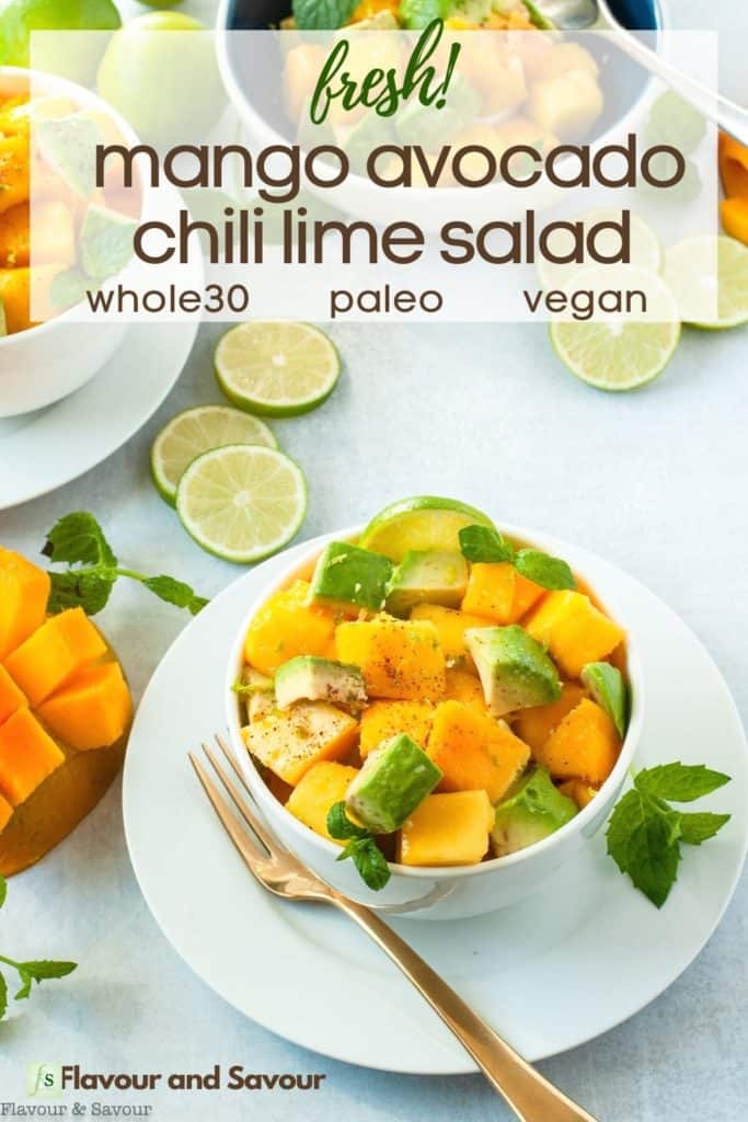 Image with text overlay for Mango Avocado Chili Lime Salad