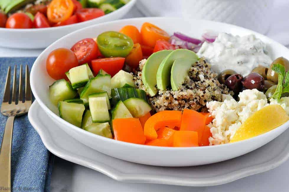 Quinoa Power Bowl with Mediterranean Veggies and Tzatziki Sauce