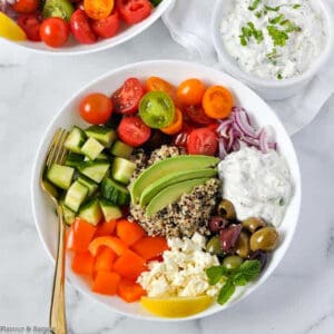 image with text for Vegetarian Mediterranean Quinoa Bowl