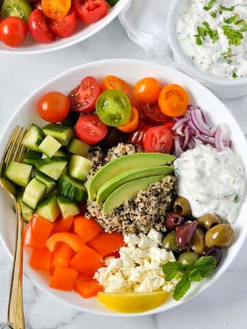 image with text for Vegetarian Mediterranean Quinoa Bowl