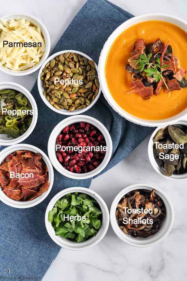 Soup Topping Ideas in small round prep bowls