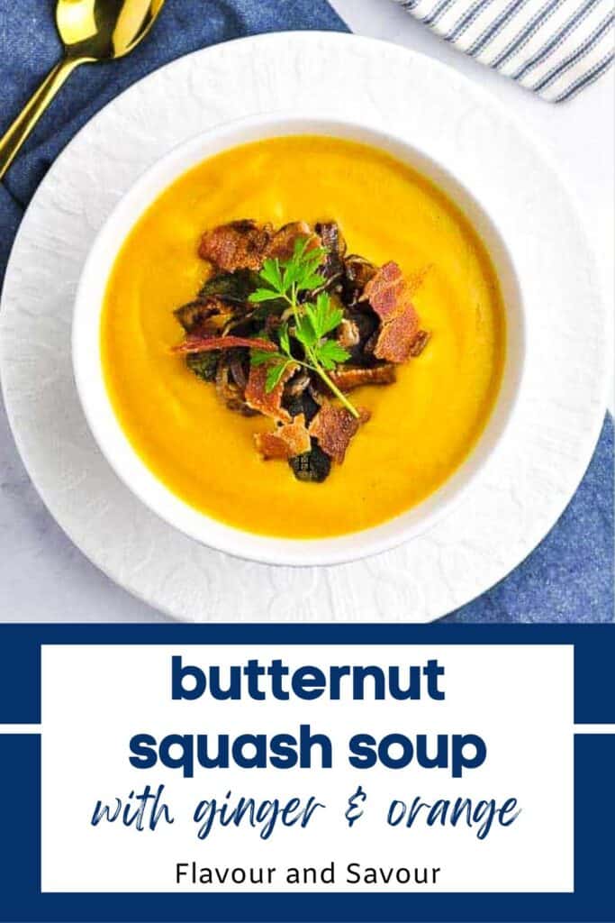 Image with text for butternut squash soup with ginger and orange.