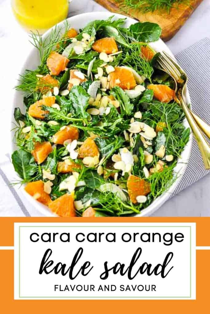image with text for kale and cara cara orange salad