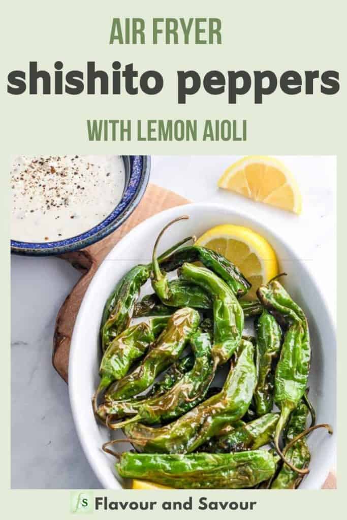 Image with text overlay Air Fryer Shishito Peppers