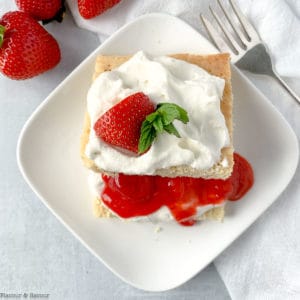 Close up overhead view of a serving of Keto Strawberry Shortcake