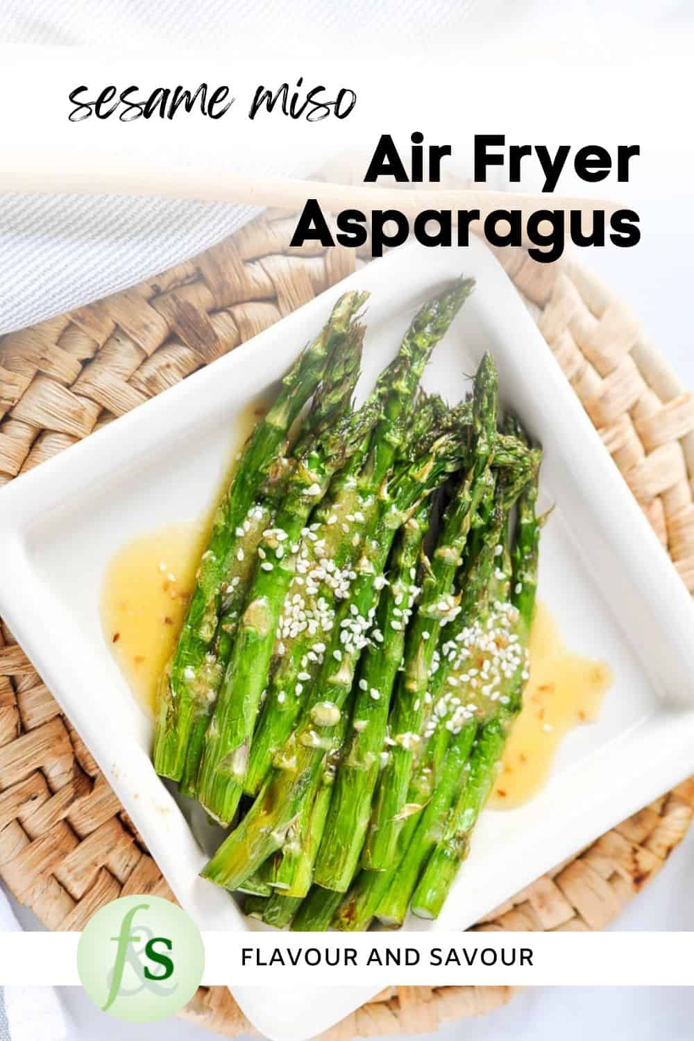 Image with text for sesame miso air fryer asparagus.