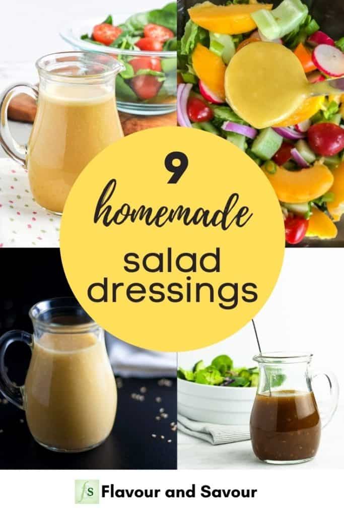 Image collage with text overlay for 9 Homemade Salad Dressings