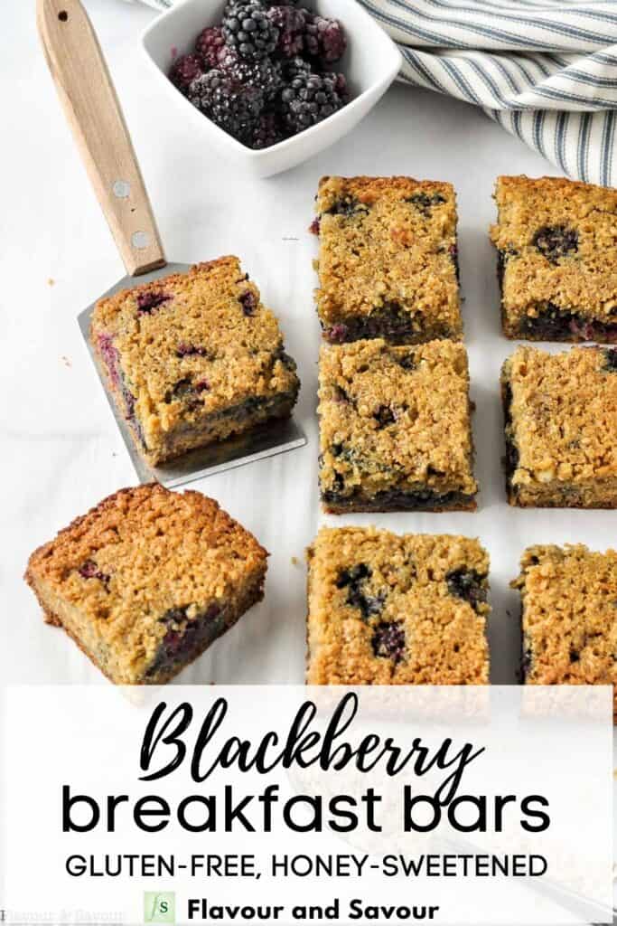 Image with text for blackberry oatmeal breakfast bars.