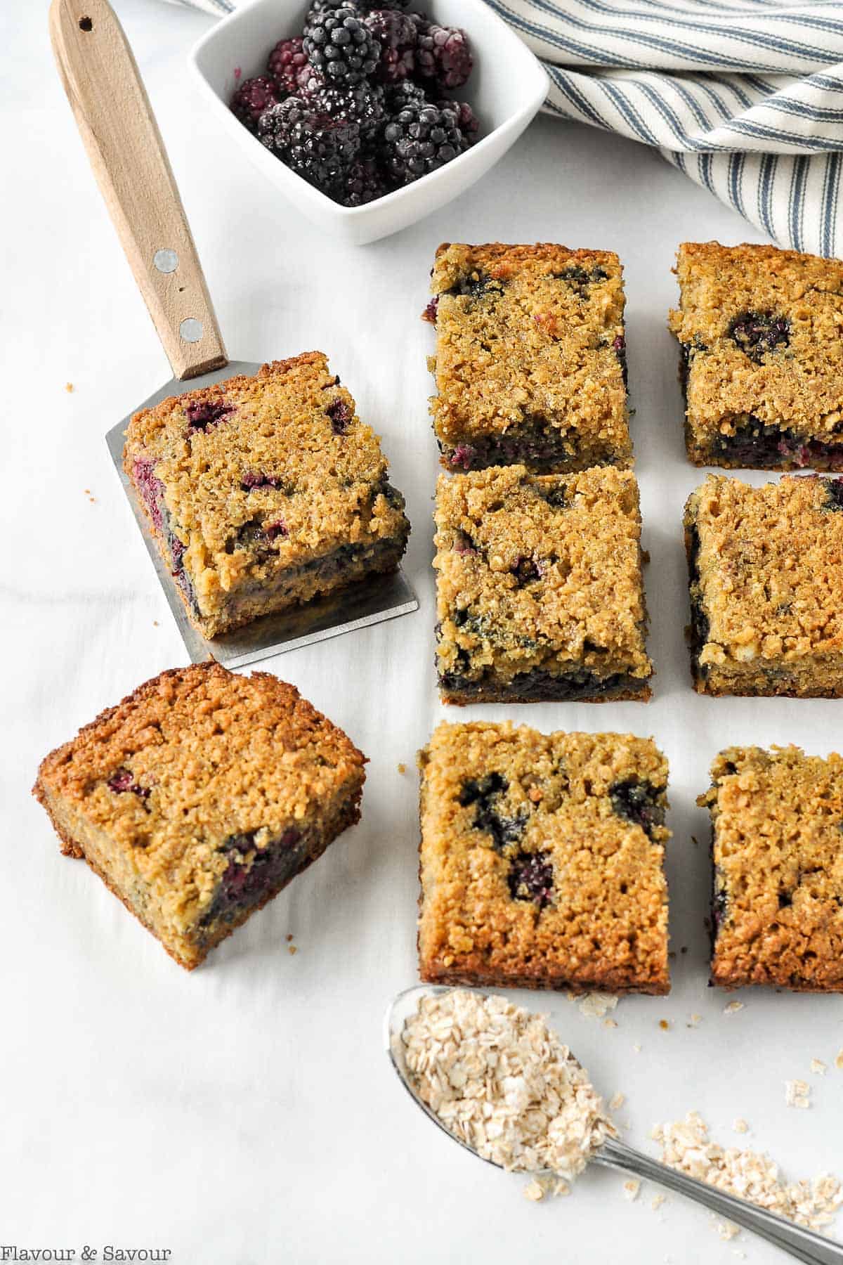 Overhead view of blackberry bars cut into squares.