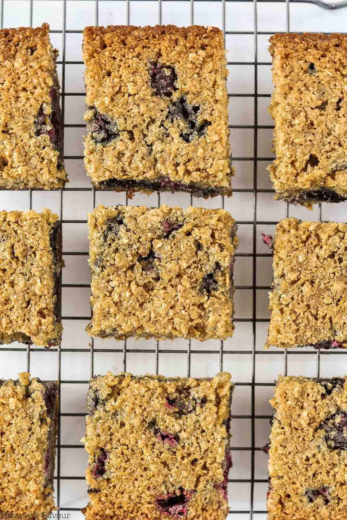 Blackberry Oatmeal Breakfast Bars on a cooling rack.