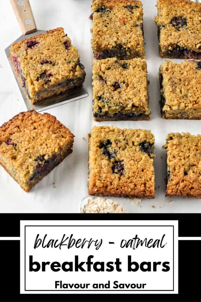 Image with text for blackberry oatmeal breakfast bars.