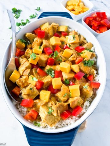 Overhead view of a serving dish with Thai Mango Chicken