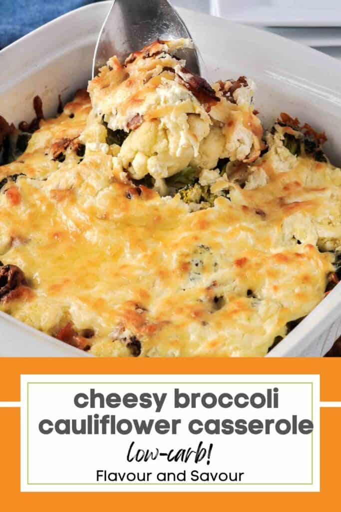 image with text for broccoli cauliflower casserole.