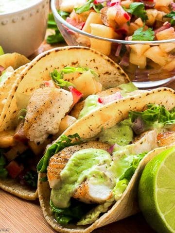 Fish Tacos with a bowl of pineapple rhubarb salsa