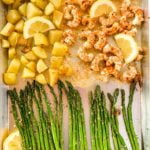 Sheet Pan Lemon Garlic Prawns with Asparagus overhead view