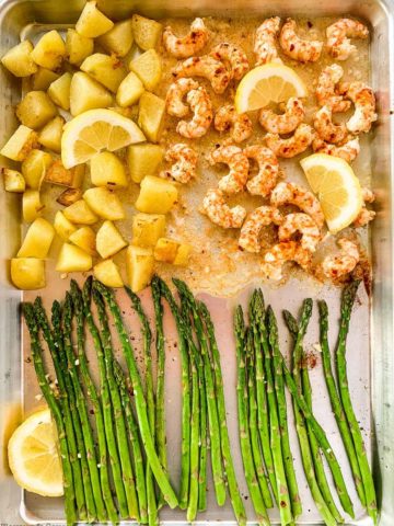 Sheet Pan Lemon Garlic Prawns with Asparagus overhead view