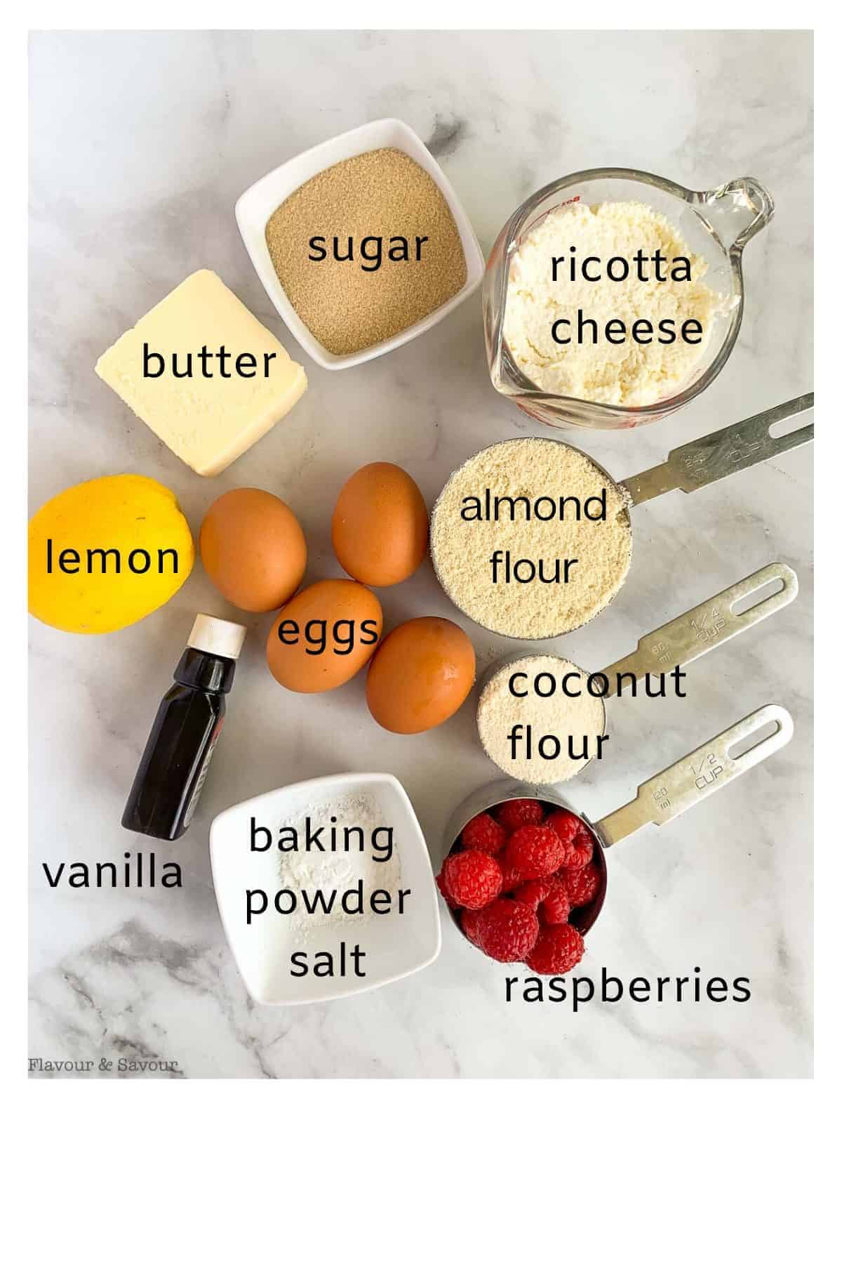 Ingredients with labels for Raspberry Ricotta Cake