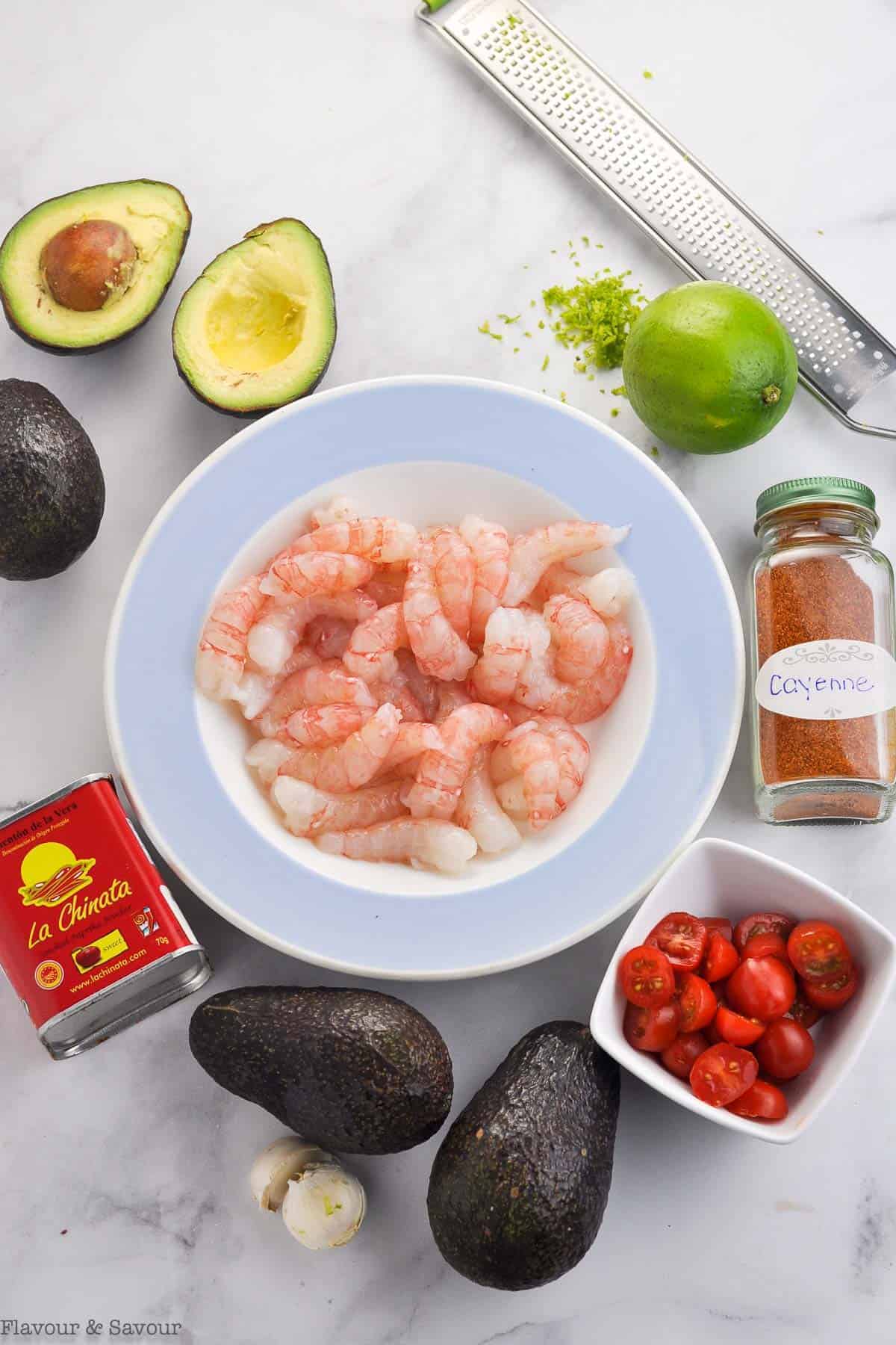 Ingredients for Cajun Shrimp Stuffed Avocados.