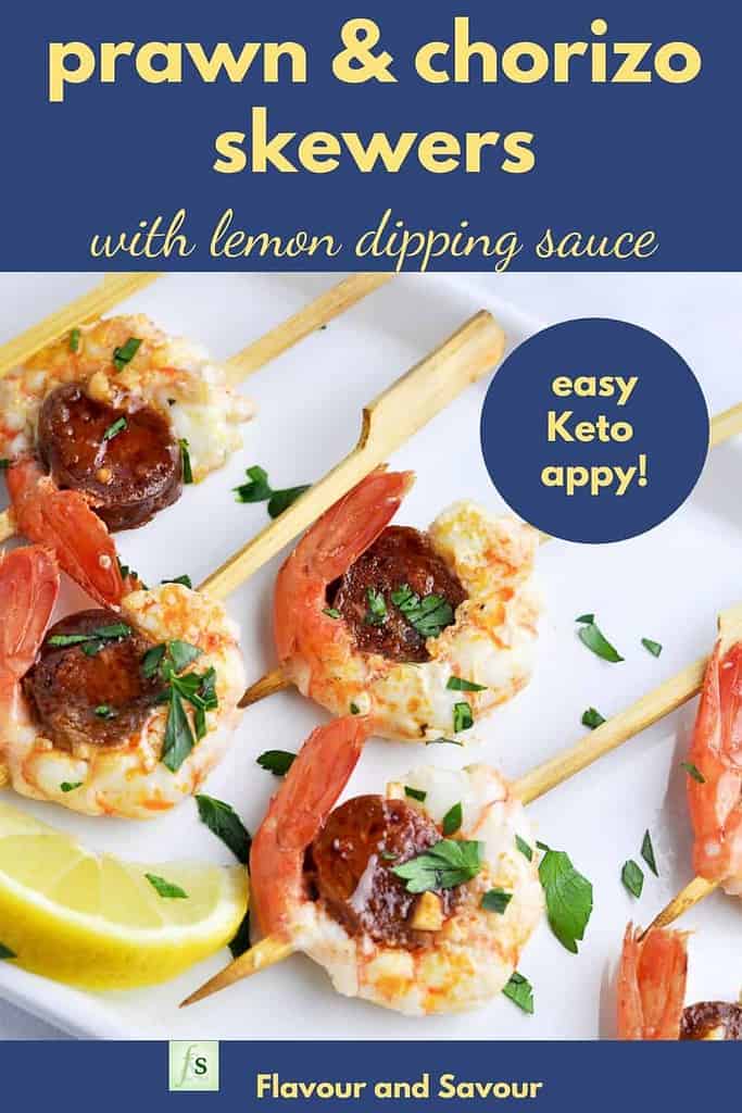 Pinterest Pin for Prawn and Chorizo Skewers