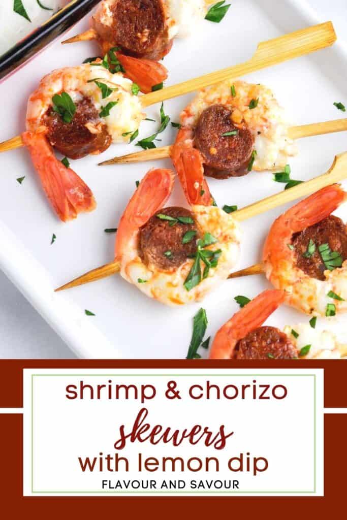 image with text for shrimp and chorizo skewers with lemon dip