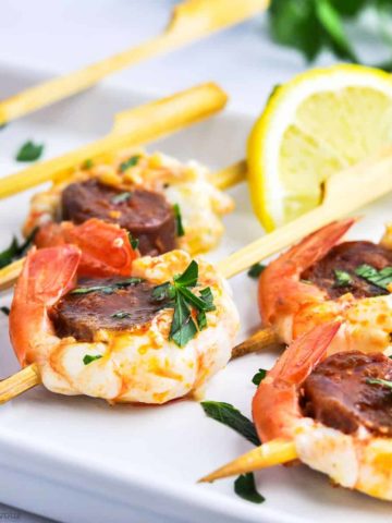 Prawn and Chorizo Skewers with lemon slice