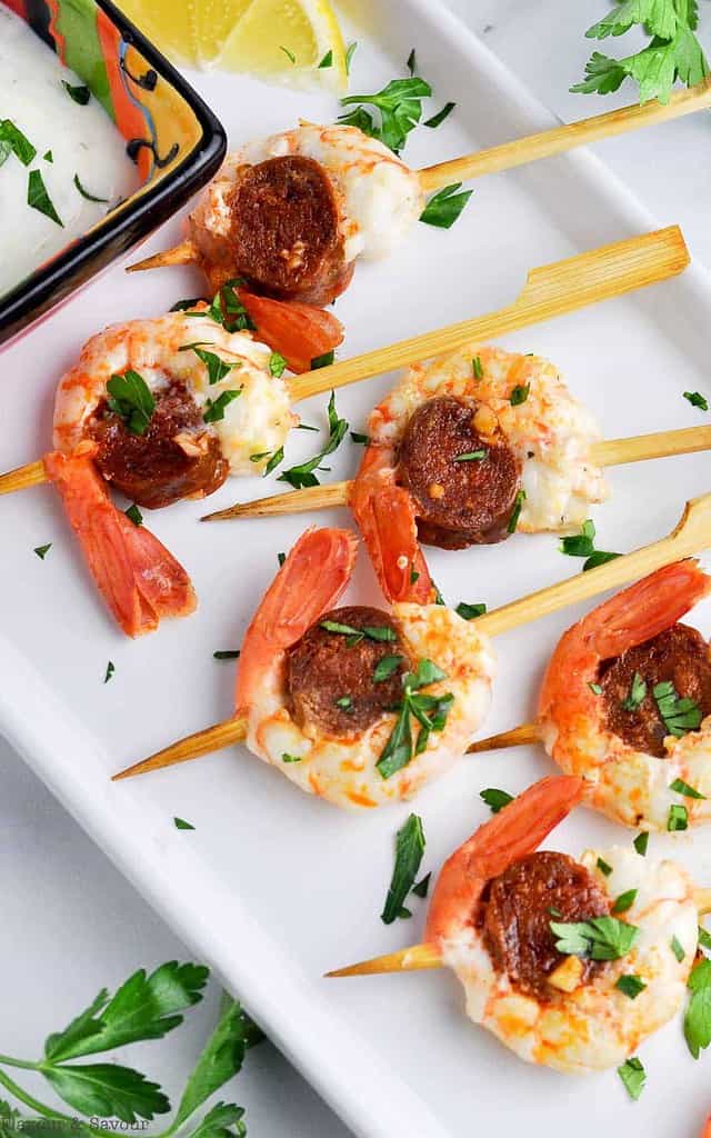 Prawn and Chorizo Skewers with Lemon Dip Flavour and Savour