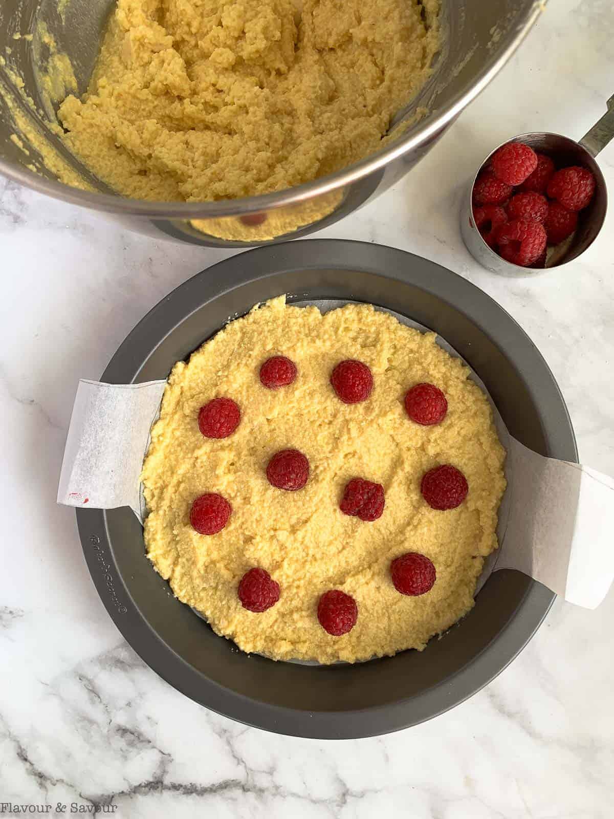 Add layers of batter and raspberries to a baking pan