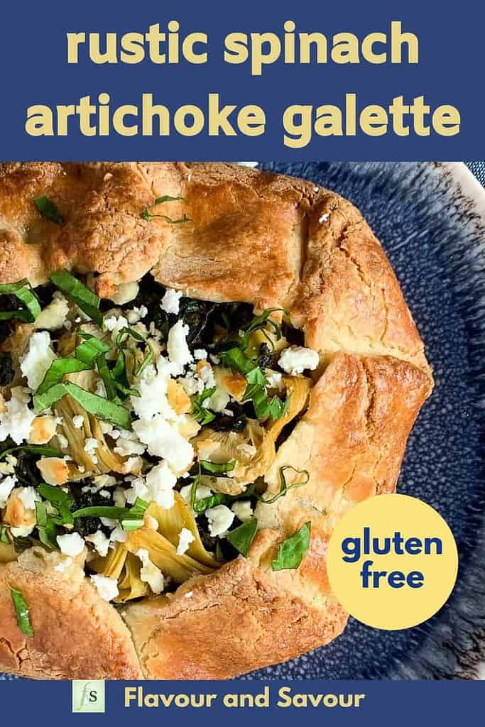 Pinterest pin for Spinach Artichoke Galette with text overlay