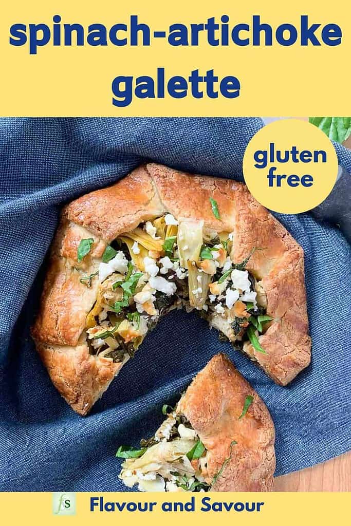 Spinach Artichoke Galette on a blue cloth with text overlay