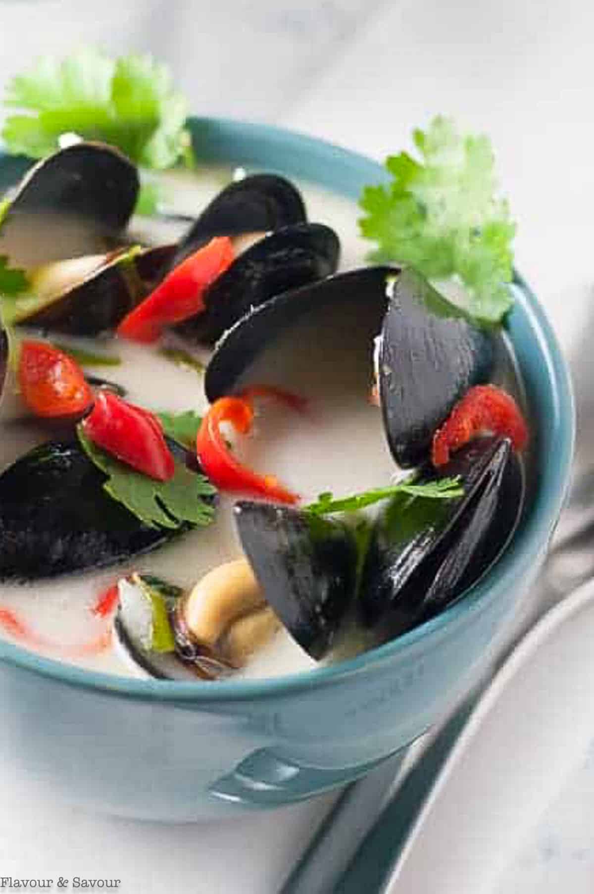 Close up view of a bowl of spicy Thai mussels cooked in coconut milk