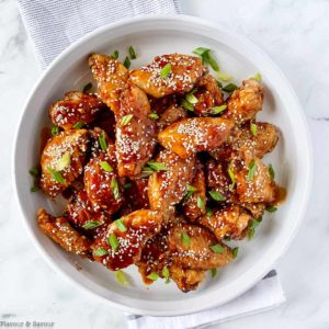 Air Fryer Teriyaki Chicken Wings in a white round dish