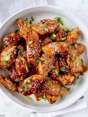 Air Fryer Teriyaki Chicken Wings in a white round dish