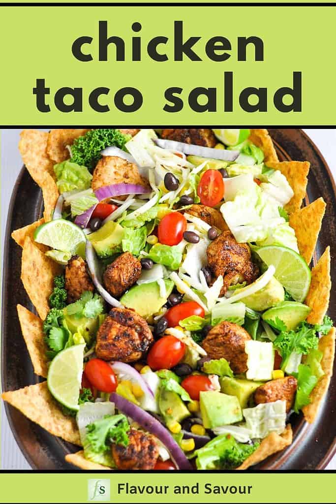 Skinny Chopped Chicken Taco Salad with text overlay