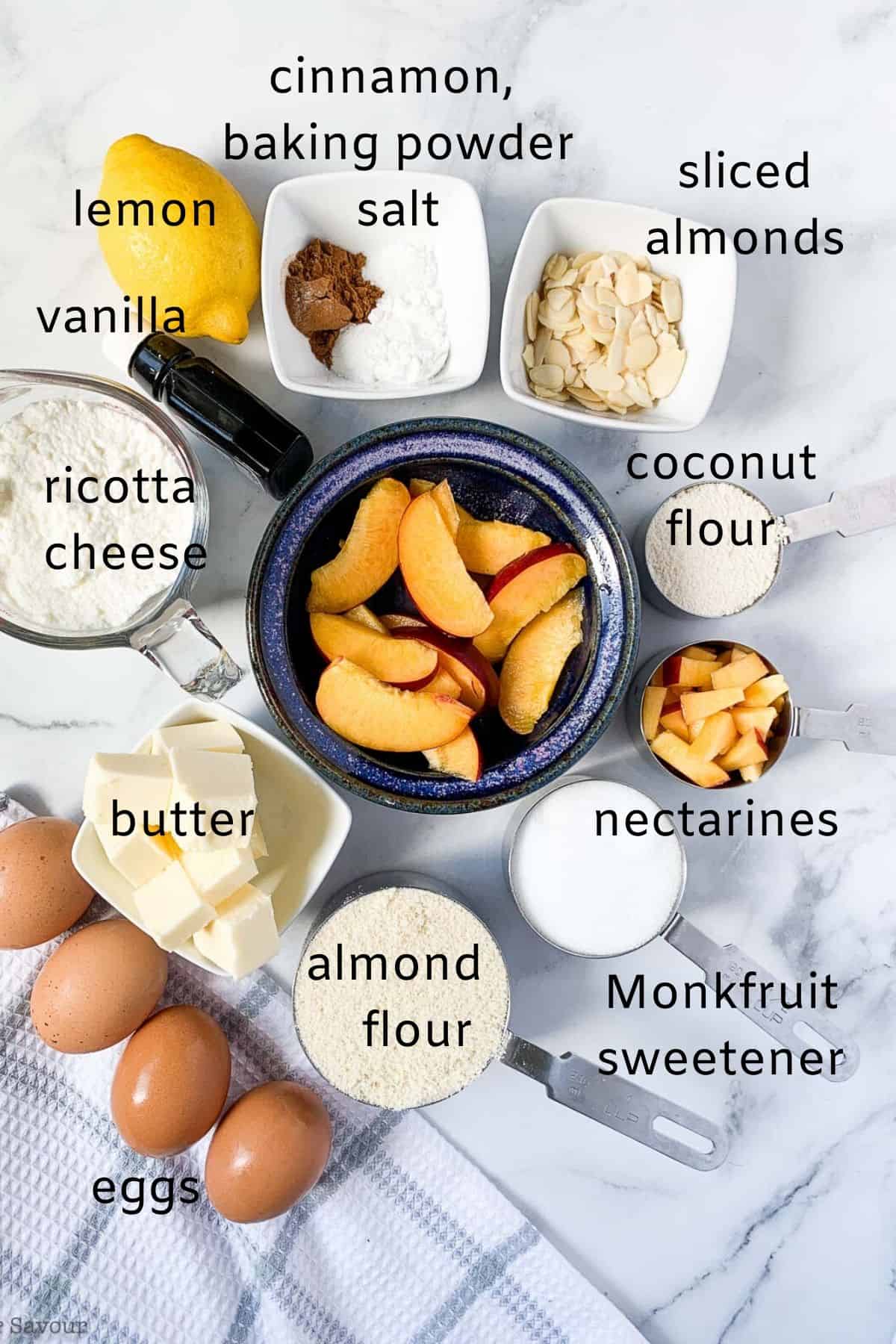 Labeled Ingredients for Flourless Nectarine Ricotta Cake