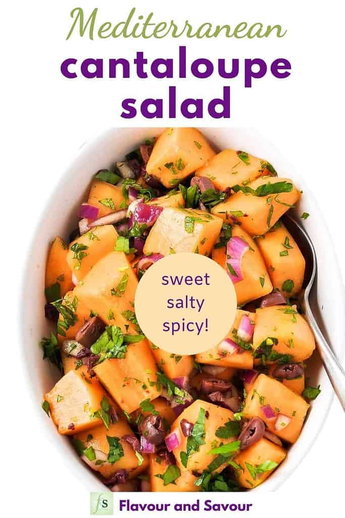 Pinterest Image for Mediterranean Cantaloupe Salad with text overlay