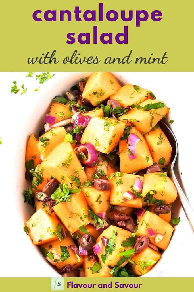 Pinterest Pin for Mediterranean Cantaloupe Salad with text overlay