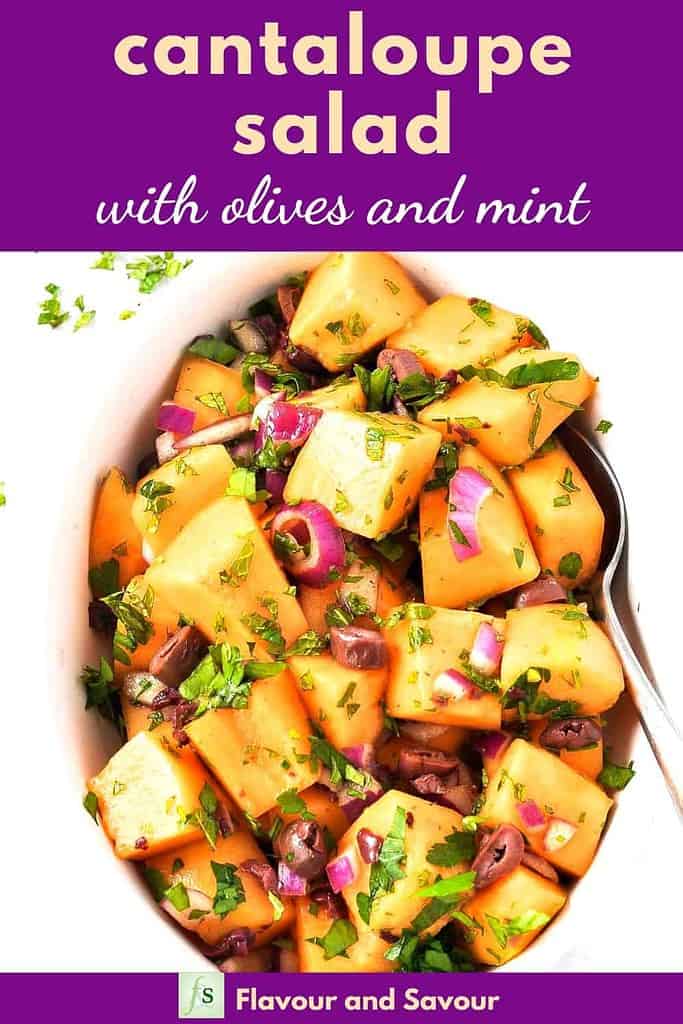 Pinterest Image for Mediterranean Cantaloupe Salad with text overlay