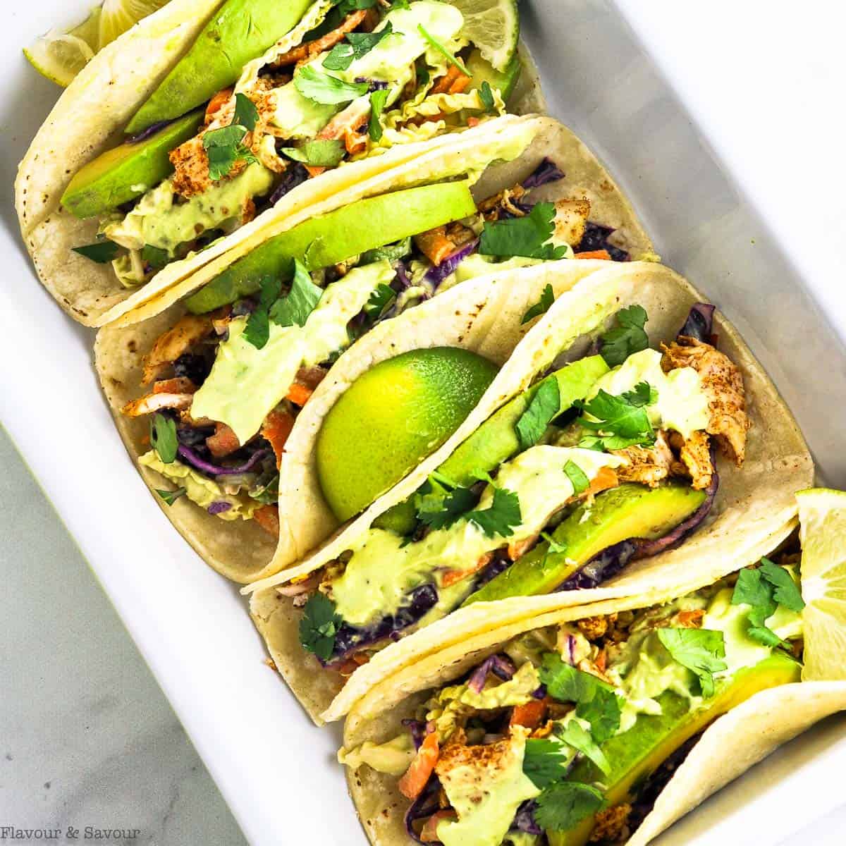 Chicken Tacos in a rectangular serving dish