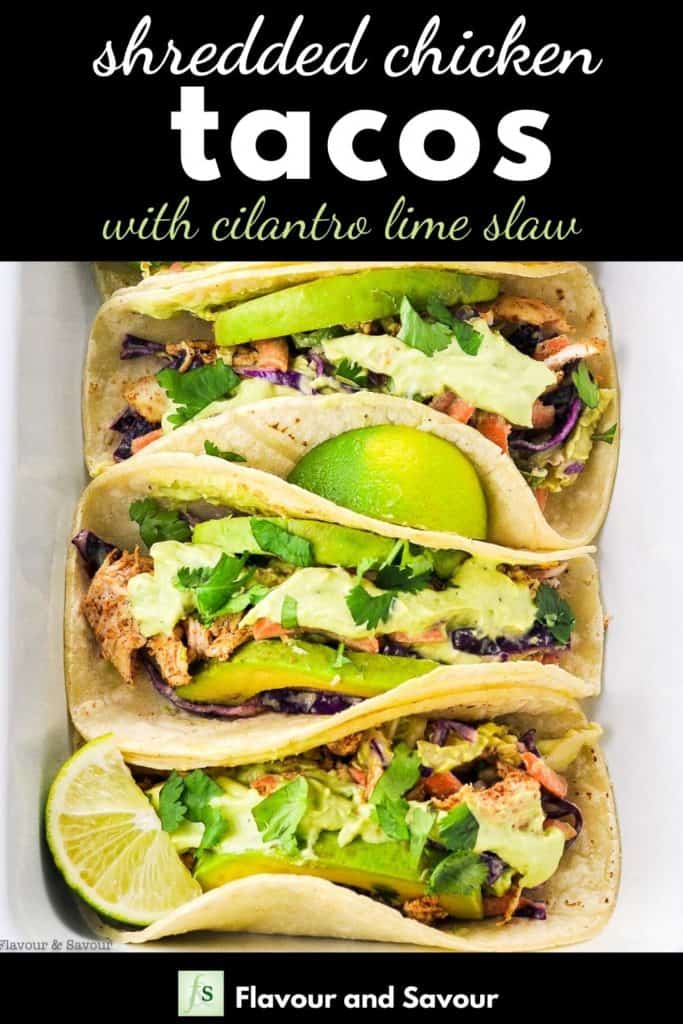 Shredded Chicken Tacos with text overlay