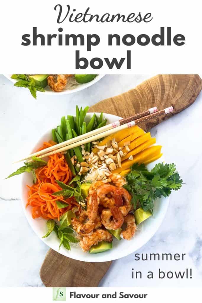 Vietnamese Shrimp Noodle Bowl with text overlay