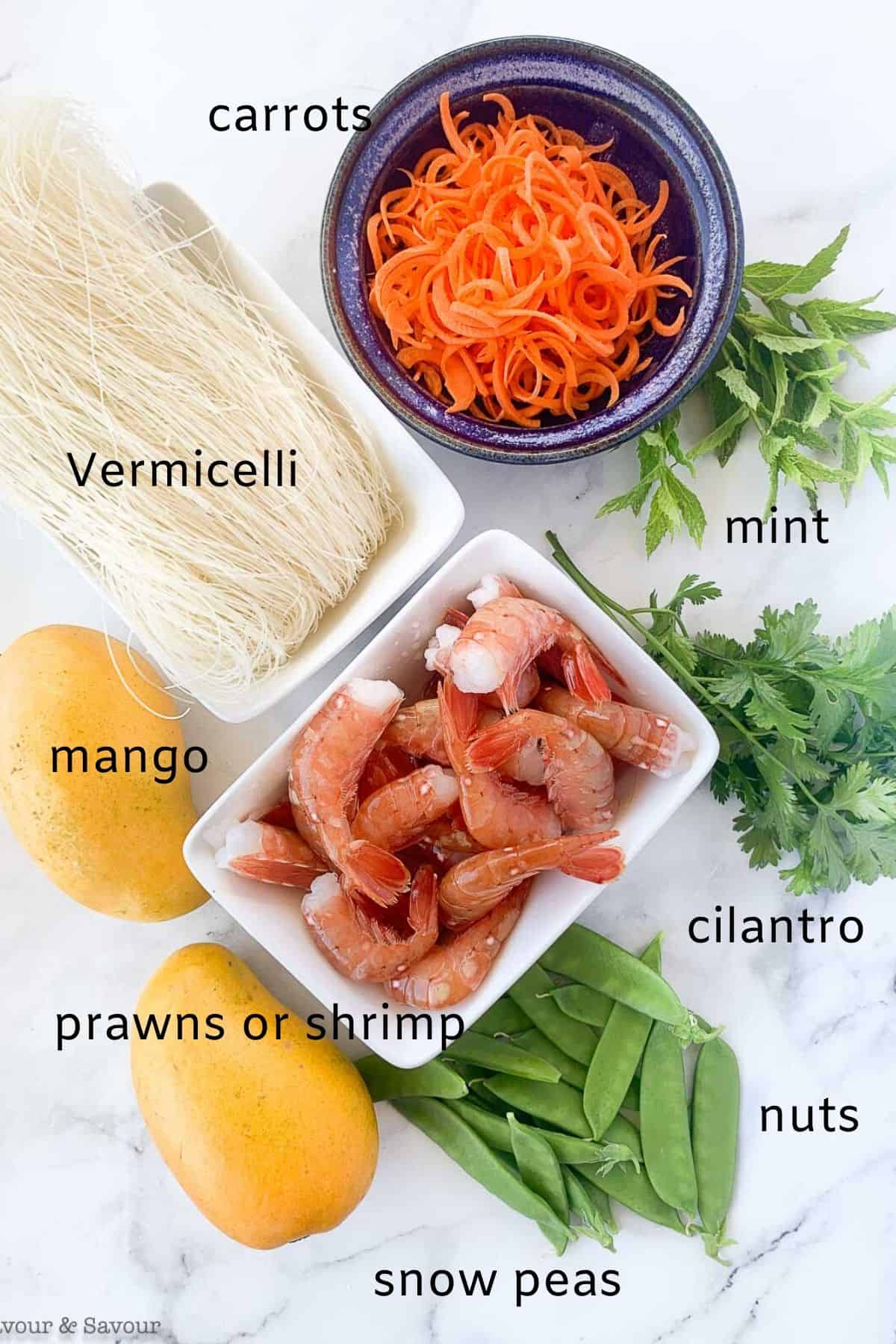 A labeled photo of ingredients for Vietnamese Prawn Noodle Bowl.