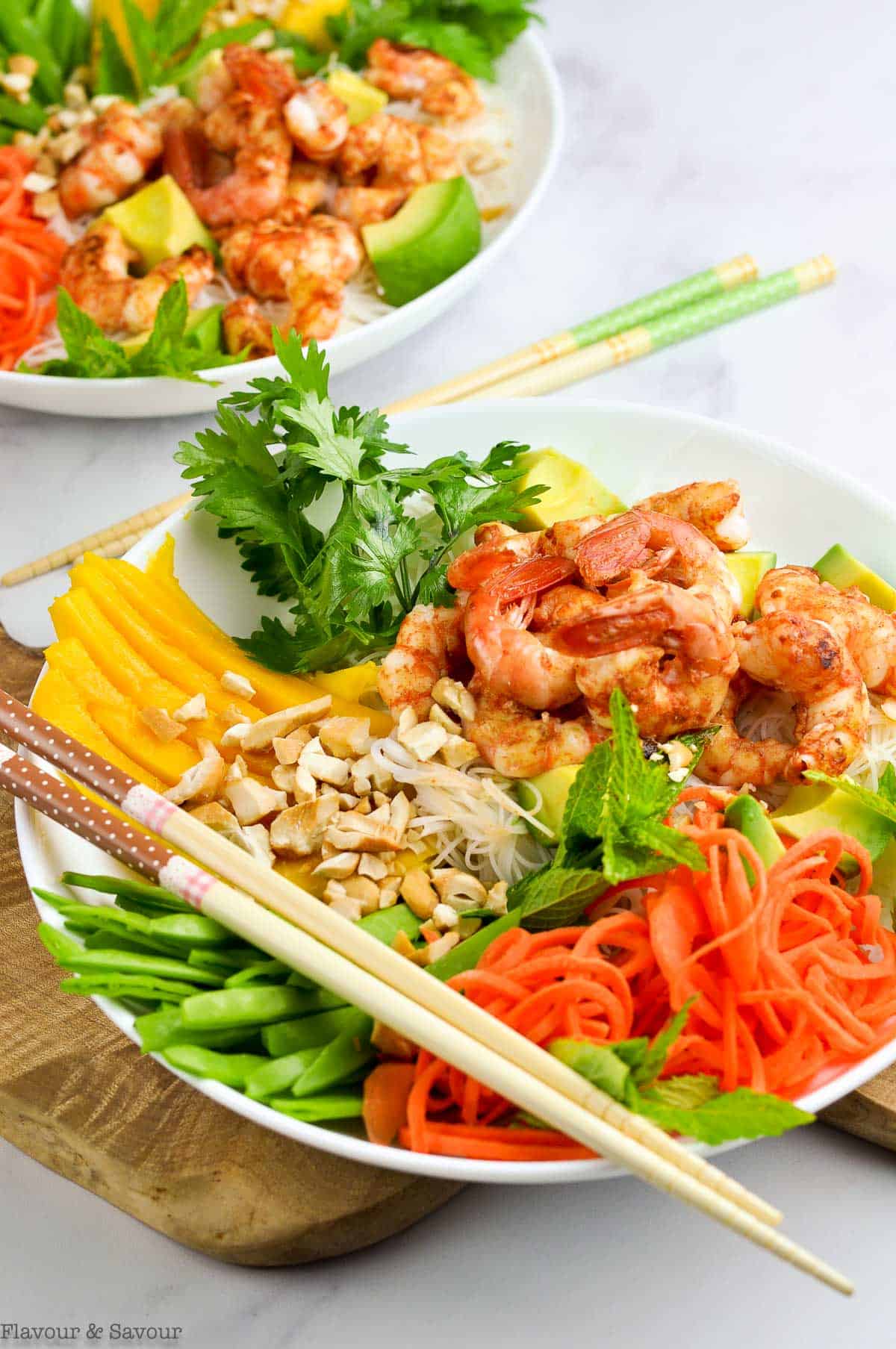 Vietnamese Prawn or Shrimp Noodle Bowl with a set of chopsticks.