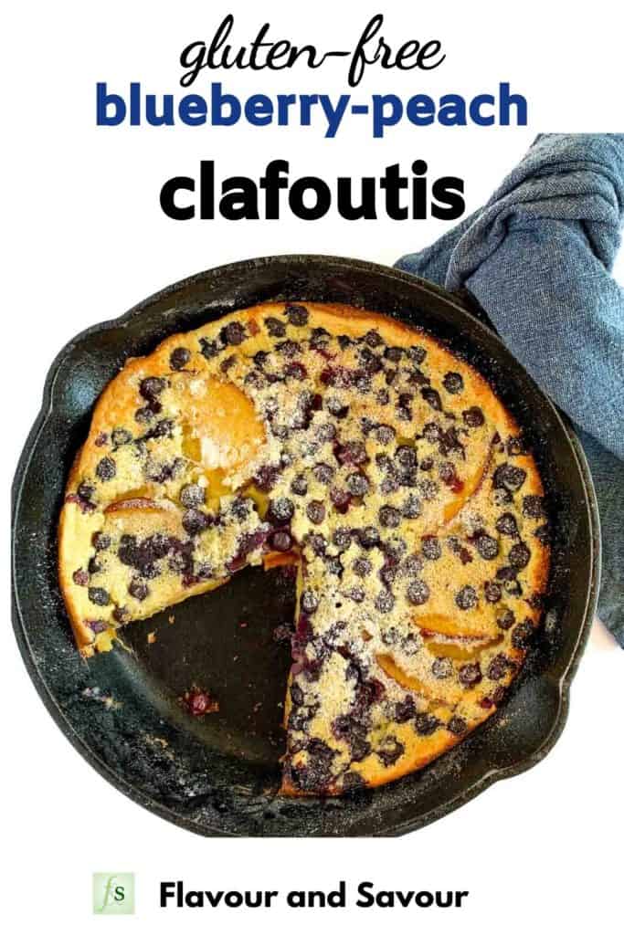 Gluten Free Blueberry Peach Clafoutis in a skillet with text overlay