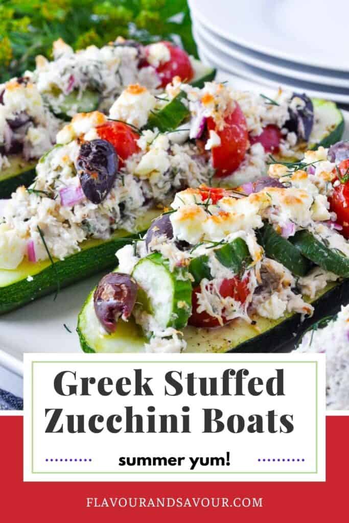 image and text for Greek Chicken Stuffed Zucchini Boats