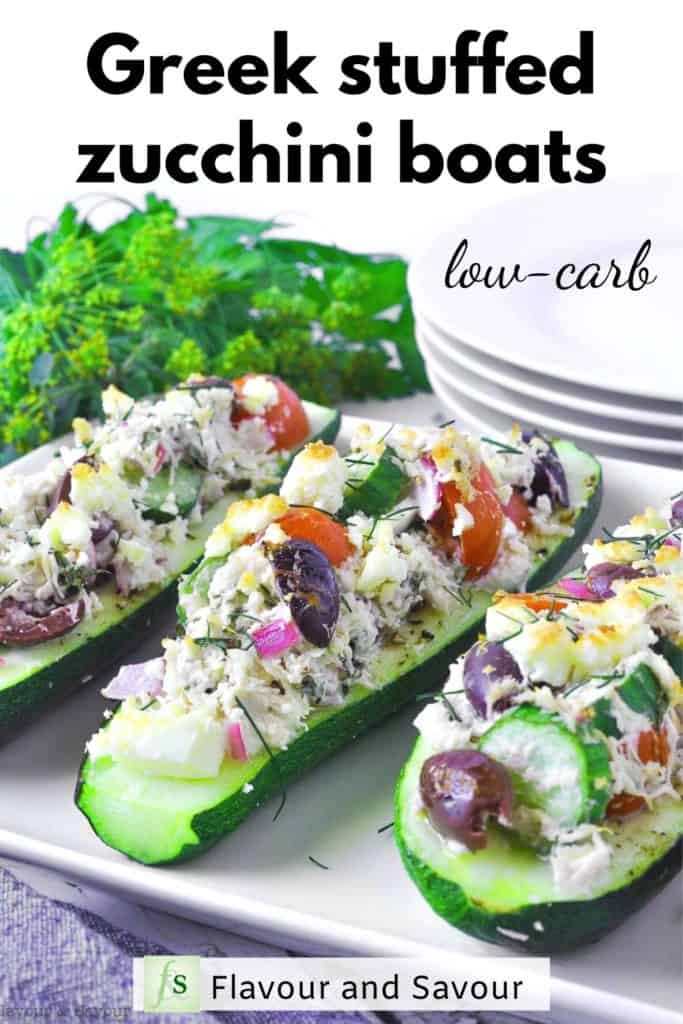 Greek Chicken Stuffed Zucchini Boats text overlay