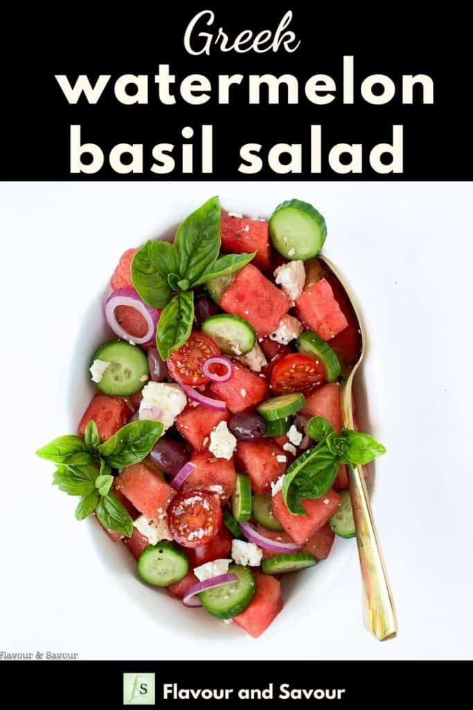 Pinterest Pin for Watermelon Basil Salad with text overlay
