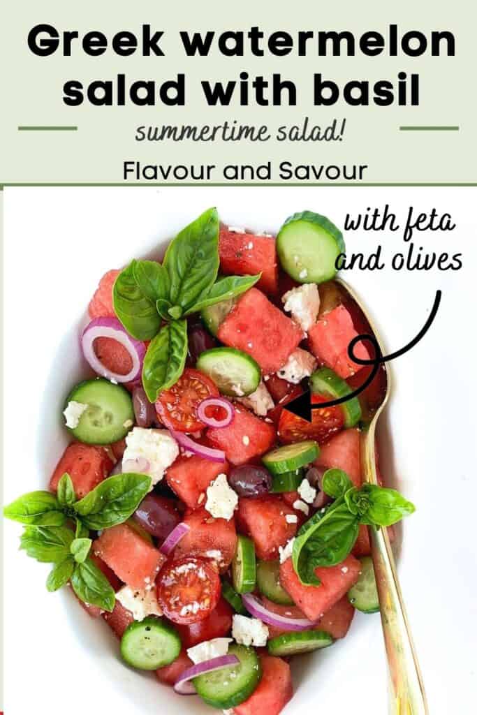 PInterest pin image and text for Greek Watermelon Basil Salad