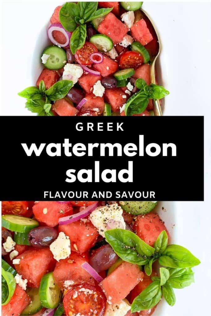 Pinterest Pin for Greek Watermelon Basil Salad with text overlay